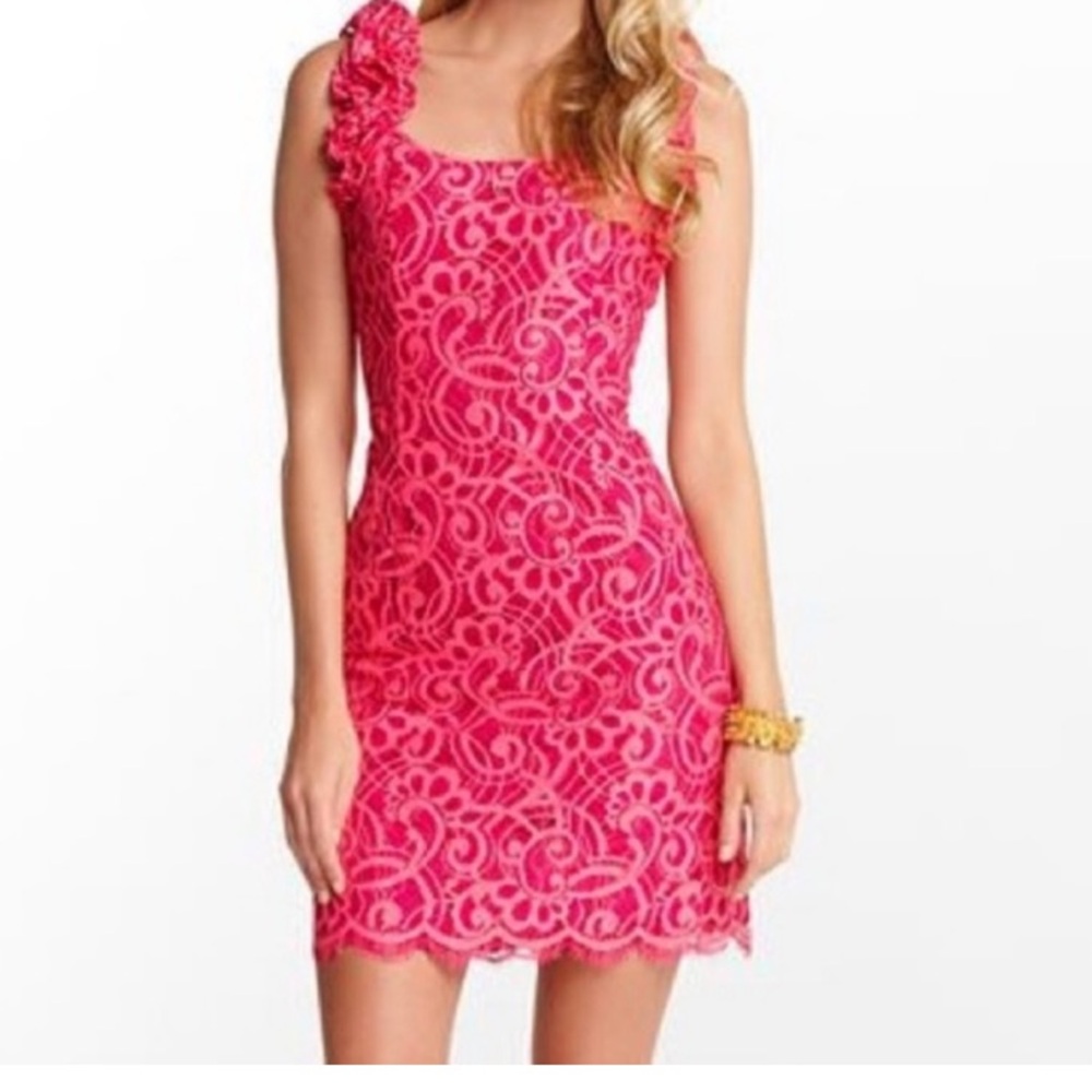 Lilly Pulitzer Mara Passion Pink Mini Dress Lace  Ruffle Trim Scoop Size 10 NWOT